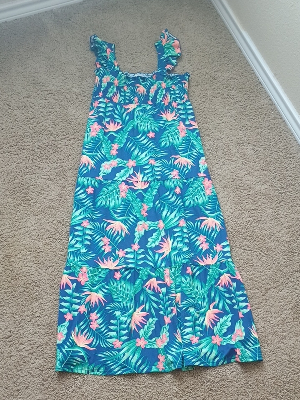 Tropical Floral Maxi Dress in Teal and Coral